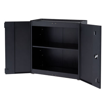A black, two-door modular garage cabinet with both doors open, revealing two interior shelves. The cabinet appears to be made of metal and has small, adjustable feet at the bottom.