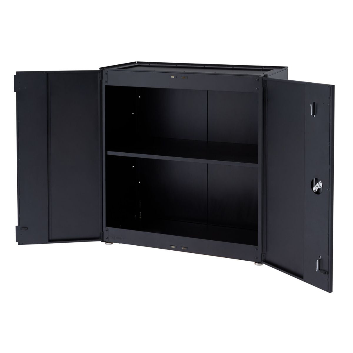 A black, two-door modular garage cabinet with both doors open, revealing two interior shelves. The cabinet appears to be made of metal and has small, adjustable feet at the bottom.