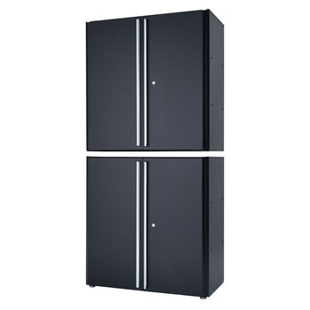 Two black modular garage cabinets, are stacked vertically against a white background. Each cabinet has two doors with silver handles and a lock.