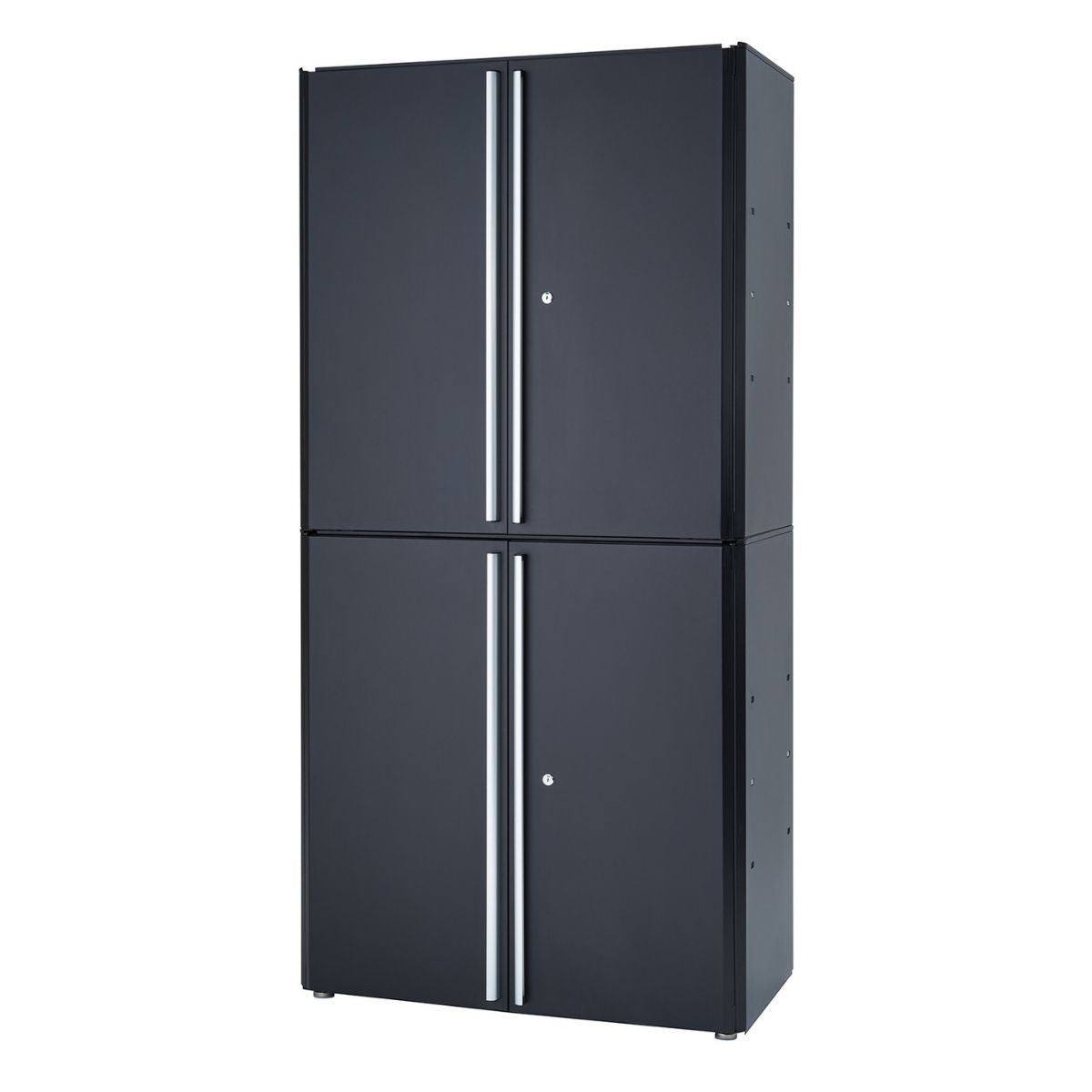 Two black modular garage cabinetsare stacked vertically against a white background. Each cabinet has two doors with silver handles and a lock.