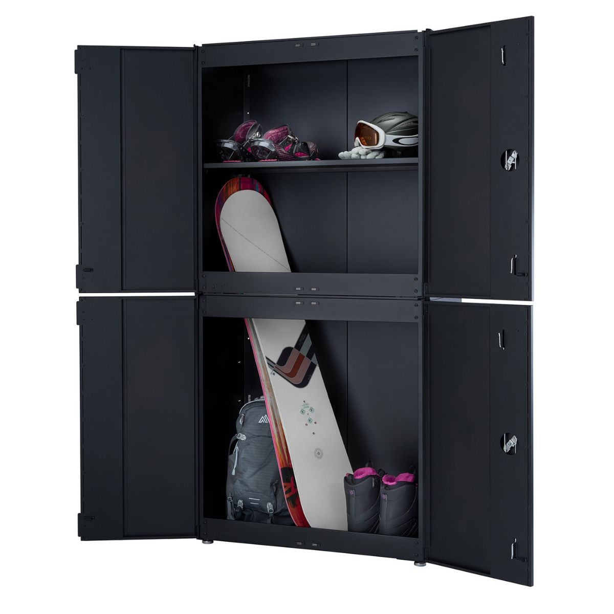 An open black, modular garage cabinet revealing storage for a snowboard, boots, helmet, and backpack. 