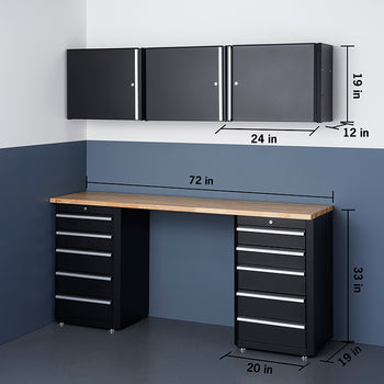 A black metal garage storage setup is shown, featuring a 72-inch-wide wooden workbench supported by two drawer cabinets, each 33 inches tall and 20 inches deep. Above the workbench are three wall-mounted cabinets, each 24 inches wide, 19 inches tall, and 12 inches deep.