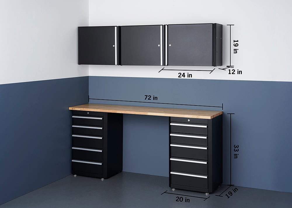 A black metal garage storage setup is shown, featuring a 72-inch-wide wooden workbench supported by two drawer cabinets, each 33 inches tall and 20 inches deep. Above the workbench are three wall-mounted cabinets, each 24 inches wide, 19 inches tall, and 12 inches deep.