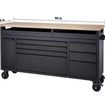 A matte black rolling tool workbench features a thick wood top, multiple drawers, a side cabinet, and heavy-duty caster wheels. Dimension markings show overall measurements of 66 inches wide, 19 inches deep, and 37 inches high, with a 2.5-inch thick wooden top surface.
