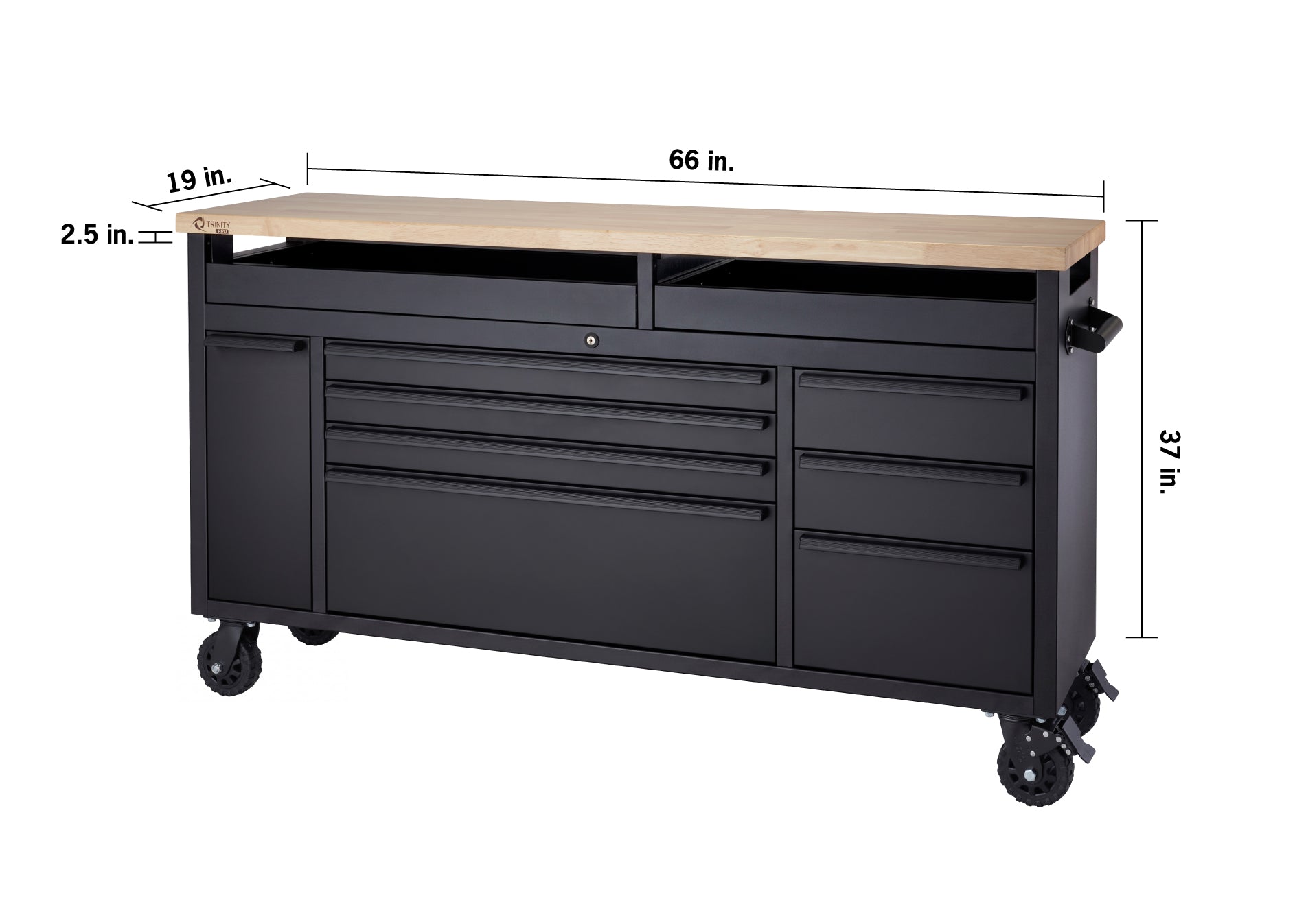 A matte black rolling tool workbench features a thick wood top, multiple drawers, a side cabinet, and heavy-duty caster wheels. Dimension markings show overall measurements of 66 inches wide, 19 inches deep, and 37 inches high, with a 2.5-inch thick wooden top surface.