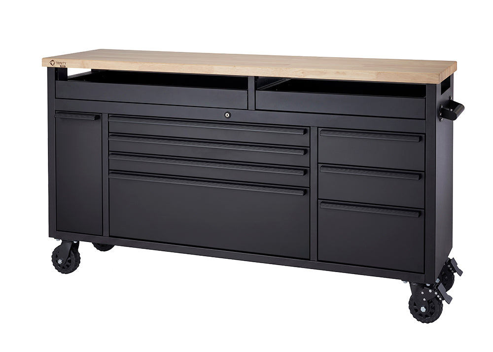 A matte black mobile tool workbench featuring a solid wood top and heavy-duty locking casters is shown completely empty against a plain white studio background. All of its drawers, side cabinets, and open top storage compartments are fully closed to showcase its sleek, streamlined design.