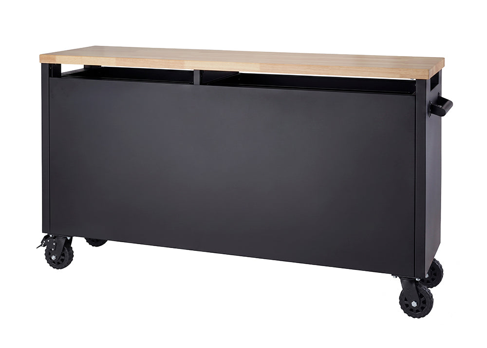 The back view of a matte black mobile tool workbench displays a smooth, solid rear panel beneath a light wood worktop. Set against a plain white background, the unit is equipped with heavy-duty locking casters and a side grab handle for easy maneuverability.