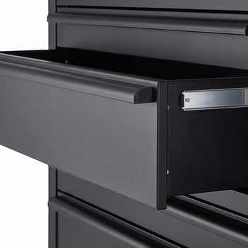 A close-up view focuses on an open drawer of a matte black tool chest, extending smoothly on a metal ball-bearing slide. The wide, deep drawer features a full-length black aluminum pull handle along its top front edge.