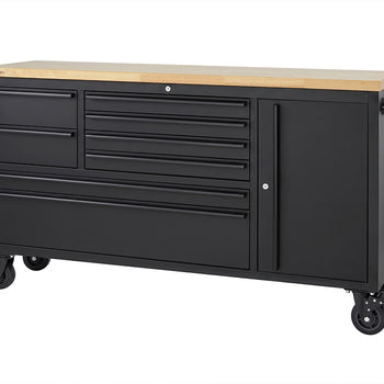 A matte black mobile tool workbench featuring a solid wood top and heavy-duty locking casters is shown against a plain white studio background. All of its drawers and side cabinets are completely closed, displaying a clean, empty workstation setup.