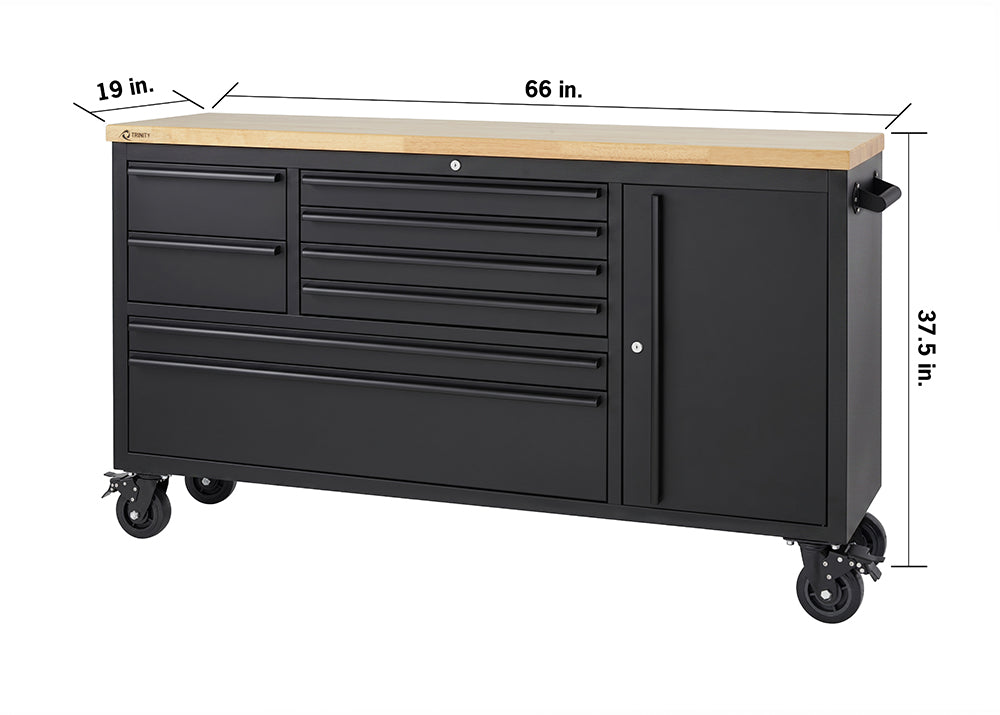 A matte black mobile tool workbench with a light wood top is shown with key dimensional measurements against a plain white background. Annotations indicate the unit measures 66 inches wide, 19 inches deep, and 37.5 inches tall including its heavy-duty caster wheels.