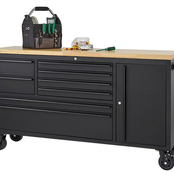 A matte black mobile tool workbench with a light wood top sits on heavy-duty locking casters against a plain white background. The unit features multiple closed drawers and a tall side cabinet, with a tool bag, screwdriver, and small hardware placed on top.