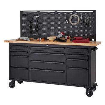 A black rolling tool cabinet features a light wood workbench top and a tall, matching pegboard organized with various hand tools. The mobile storage unit has multiple drawers of different sizes and is supported by four heavy-duty caster wheels.
