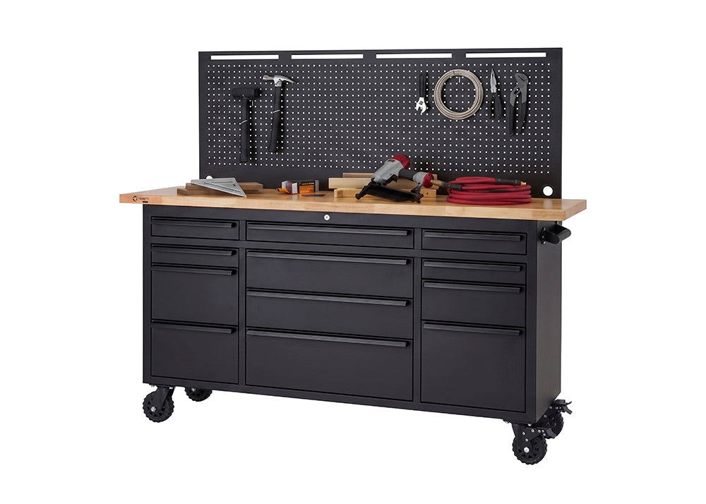 A black rolling tool cabinet features a light wood workbench top and a tall, matching pegboard organized with various hand tools. The mobile storage unit has multiple drawers of different sizes and is supported by four heavy-duty caster wheels.