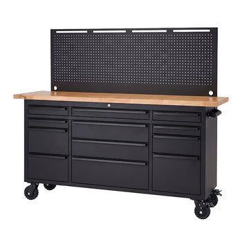 A black rolling tool cabinet features a light wood workbench top and a tall, matching empty pegboard. The mobile storage unit is equipped with multiple drawers of different sizes and is supported by heavy-duty caster wheels.