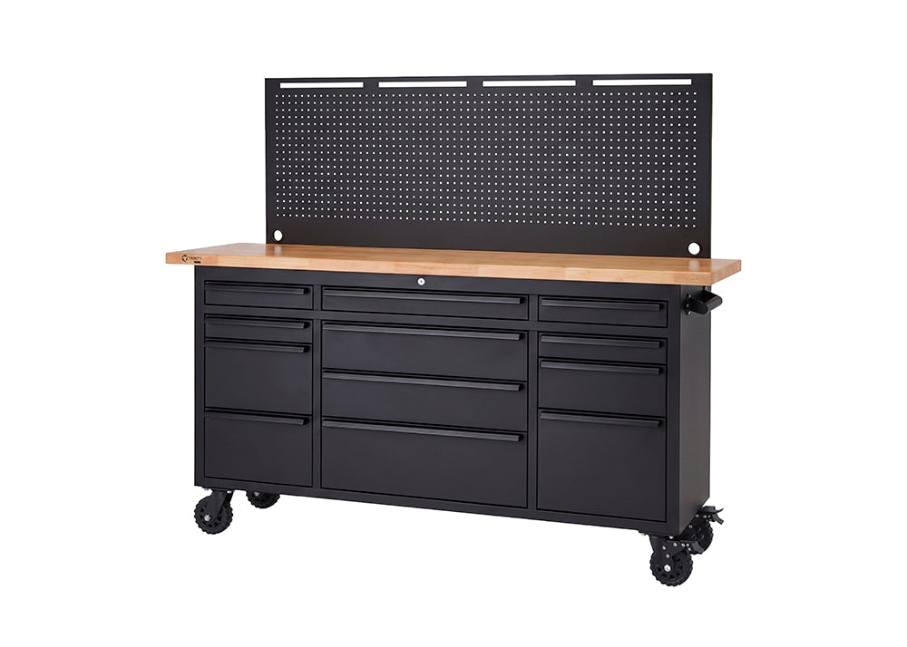 A black rolling tool cabinet features a light wood workbench top and a tall, matching empty pegboard. The mobile storage unit is equipped with multiple drawers of different sizes and is supported by heavy-duty caster wheels.