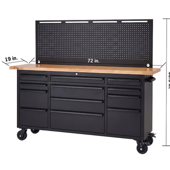 A black rolling tool workbench features a light wood top and a tall, matching empty pegboard against a white background. Black dimension lines indicate the unit measures 72 inches wide, 19 inches deep, and 60.5 inches in total height.