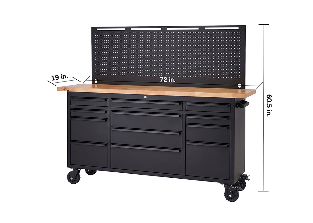 A black rolling tool workbench features a light wood top and a tall, matching empty pegboard against a white background. Black dimension lines indicate the unit measures 72 inches wide, 19 inches deep, and 60.5 inches in total height.