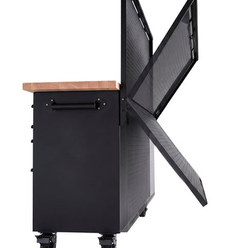 A side view of a black rolling tool workbench highlights its adjustable pegboard folding downward behind the unit. A motion blur overlay illustrates how the vertical panel hinges backward to lay flat or collapse for easier storage.