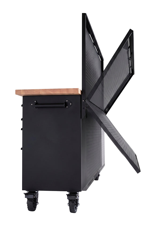 A side view of a black rolling tool workbench highlights its adjustable pegboard folding downward behind the unit. A motion blur overlay illustrates how the vertical panel hinges backward to lay flat or collapse for easier storage.