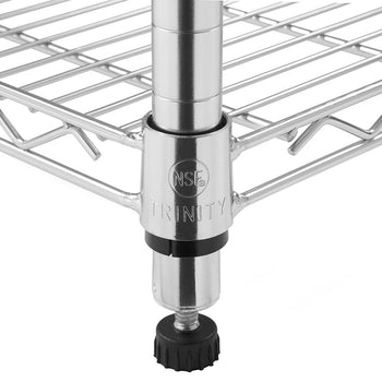 A close-up shot shows a metal wire shelf corner connected to a silver pole with a black plastic foot. The pole features a mid-section collar with 