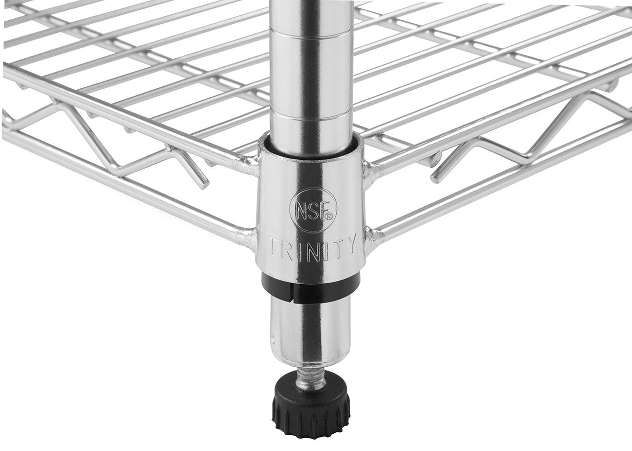 A close-up shot shows a metal wire shelf corner connected to a silver pole with a black plastic foot. The pole features a mid-section collar with "NSF" and "TRINITY" branding.