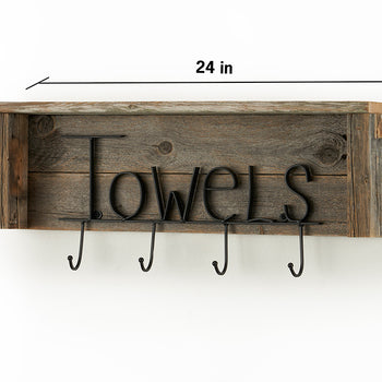 A rustic wooden shelf, 24 inches wide, 8 inches high, and 3.5 inches deep, is mounted against a white wall. The shelf has 