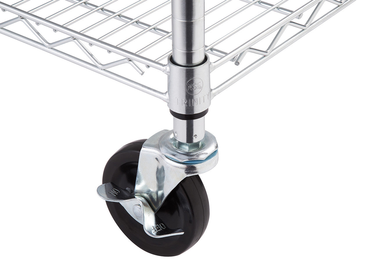 A close-up shot of a metal caster wheel attached to a wire shelving unit. The wheel is black, with a silver metal frame and a lever that reads "ON" and "OFF".