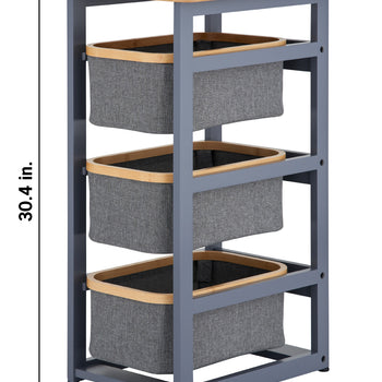 A three-tier storage rack with a gray frame and a light wood top displays dimensions of 30.4 inches in height, 17.3 inches in width, and 13.6 inches in depth. It features three pull-out gray fabric baskets, each finished with a matching wood trim around the top edge.