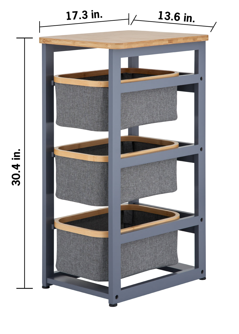 A three-tier storage rack with a gray frame and a light wood top displays dimensions of 30.4 inches in height, 17.3 inches in width, and 13.6 inches in depth. It features three pull-out gray fabric baskets, each finished with a matching wood trim around the top edge.