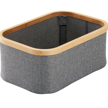 A rectangular storage basket with grey fabric sides and rounded corners. It features a light-toned wooden or bamboo rim around the top edge and a visible interior support strap.
