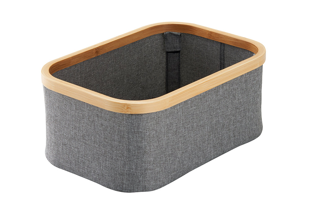 A rectangular storage basket with grey fabric sides and rounded corners. It features a light-toned wooden or bamboo rim around the top edge and a visible interior support strap.