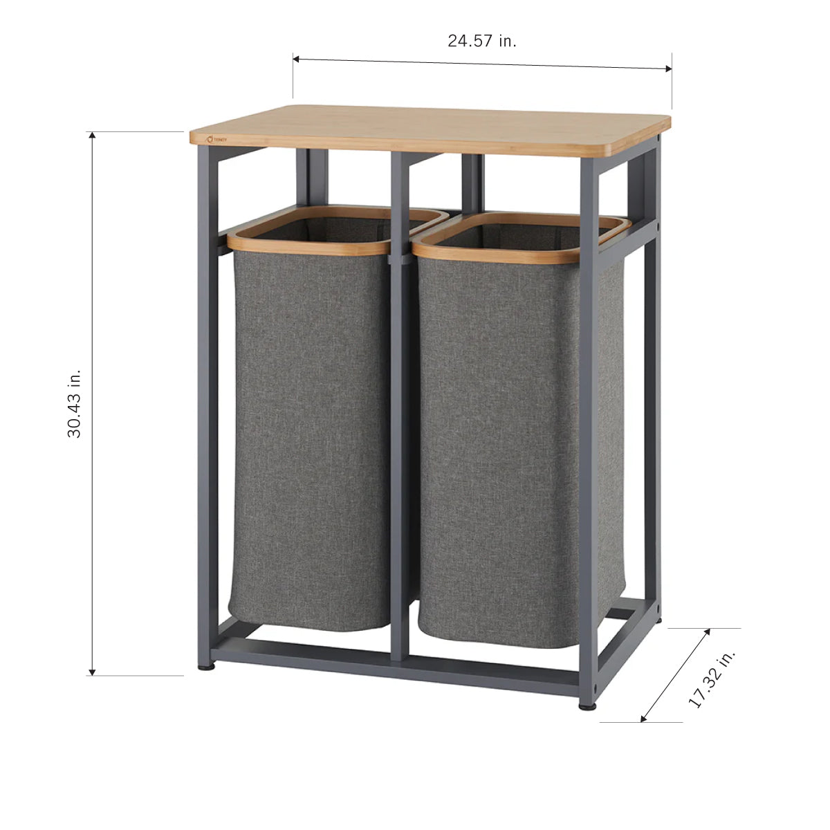 A laundry hamper with two separate fabric baskets and a wooden top. The dimensions are included: the height is 30.43 inches, the width is 24.57 inches, and the depth is 17.32 inches.