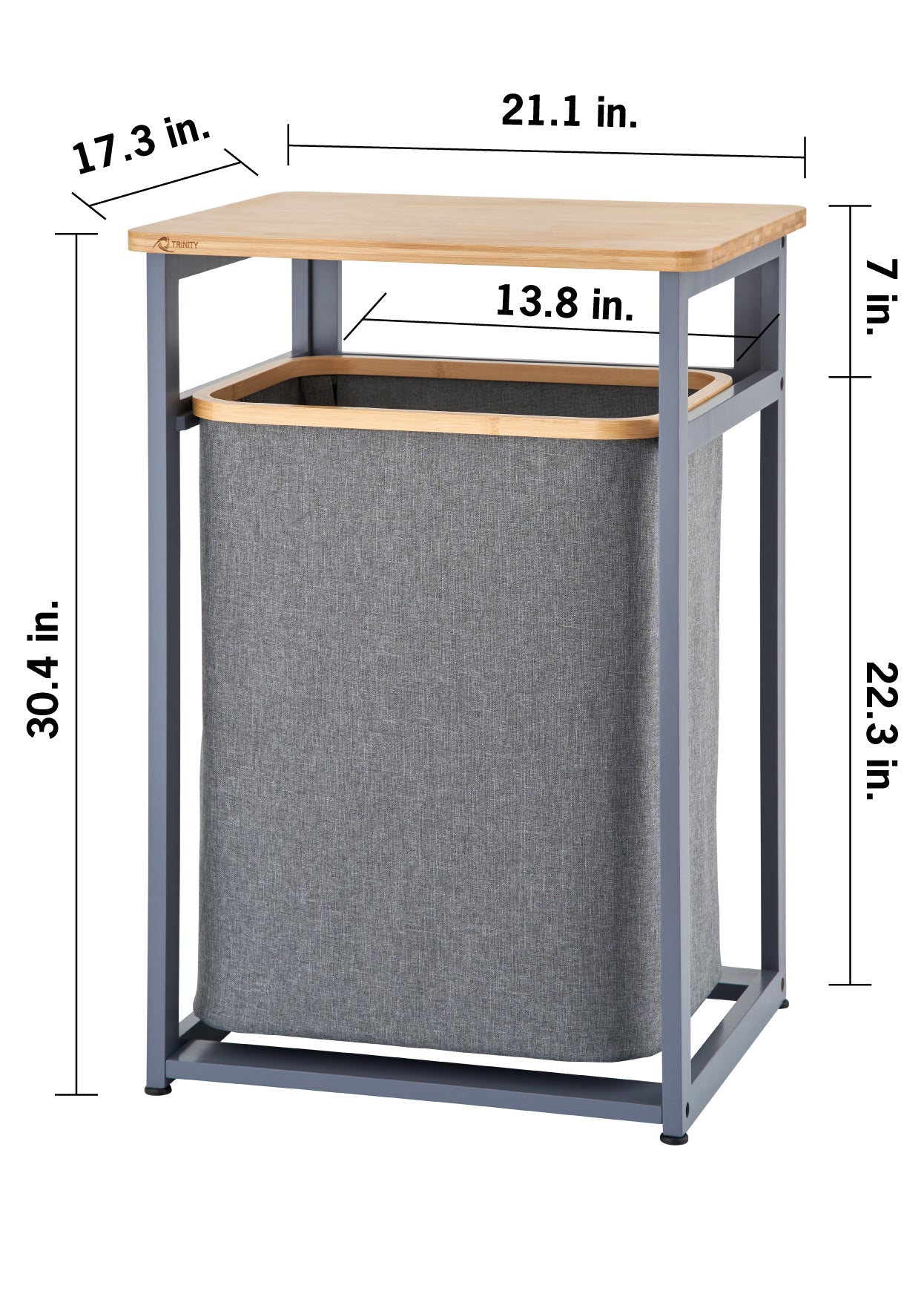 A dark gray metal hamper frame topped with a light wood table surface contains a removable gray fabric laundry bin inside. Dimension markings show overall outer measurements of 21.1 inches wide, 17.3 inches deep, and 30.4 inches in total height, with additional callouts specifying a 7-inch top opening clearance, a 13.8-inch inner width gap, and a 22.3-inch tall hamper section.
