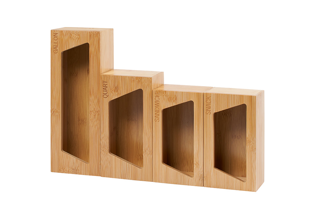 A four-tiered bamboo organizer for plastic bags is shown on a white background. The tiers are labeled "GALLON," "QUART," "SANDWICH," and "SNACK" from tallest to shortest, each with an angled opening for bag dispensing.