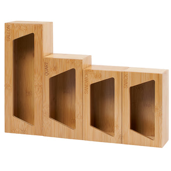 A four-tiered bamboo organizer for plastic bags is shown on a white background. The tiers are labeled 