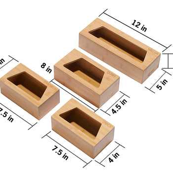 A 3D rendering shows four rectangular bamboo boxes of varying sizes, designed to hold different types of food storage bags. The boxes are labeled 