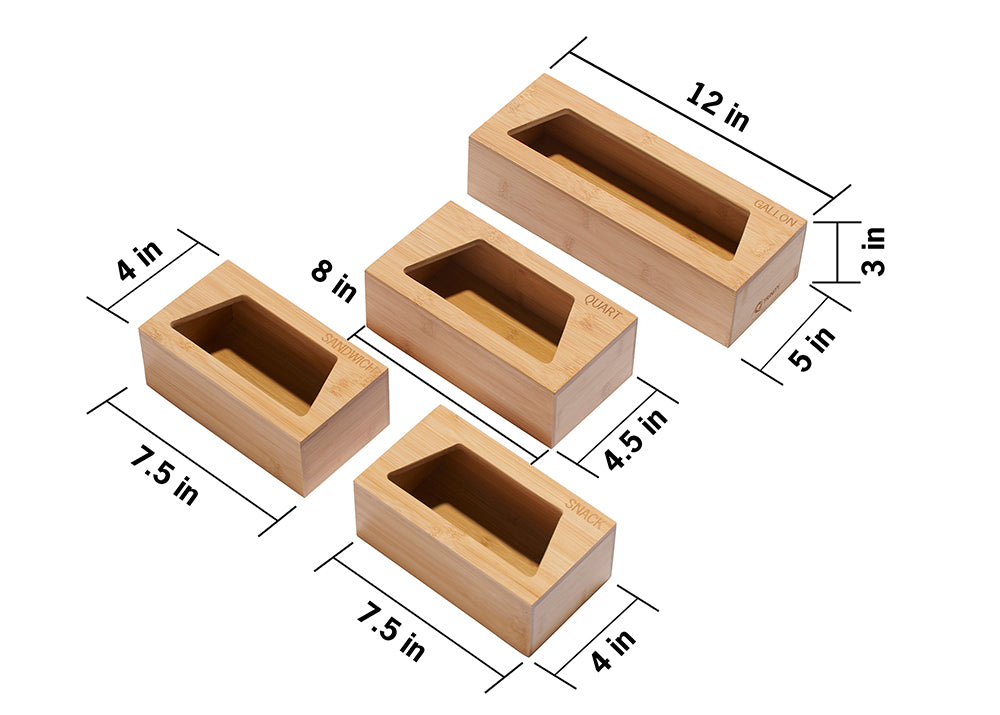 A 3D rendering shows four rectangular bamboo boxes of varying sizes, designed to hold different types of food storage bags. The boxes are labeled "GALLON," "QUART," "SANDWICH," and "SNACK," with dimensions indicated for each.