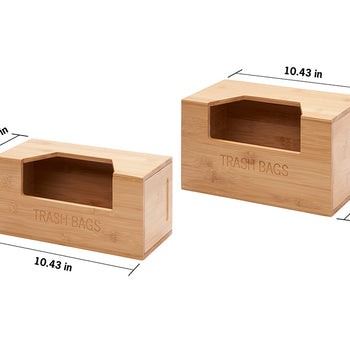 Two light brown bamboo trash bag dispensers are shown against a white background with their dimensions labeled. The dispenser on the left is oriented horizontally and measures 10.43 inches wide and 5.12 inches tall and deep, while the one on the right is oriented vertically and measures 10.43 inches wide and 5.9 inches tall and deep.