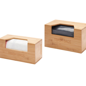 Two bamboo storage boxes labeled 