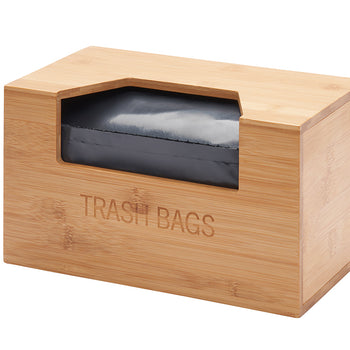 A wooden storage box labeled 