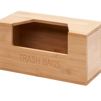 A rectangular bamboo dispenser for trash bags is shown on a white background. The dispenser has an opening on the front and the words 