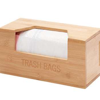A rectangular bamboo box labeled 