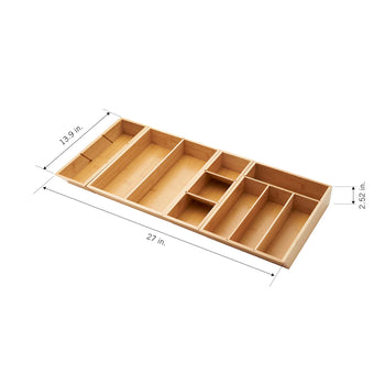 A high-angle product shot shows a bamboo drawer organizer with adjustable sections. The organizer is extended to its full length of 27 inches, with a width of 13.9 inches and a height of 2.52 inches.