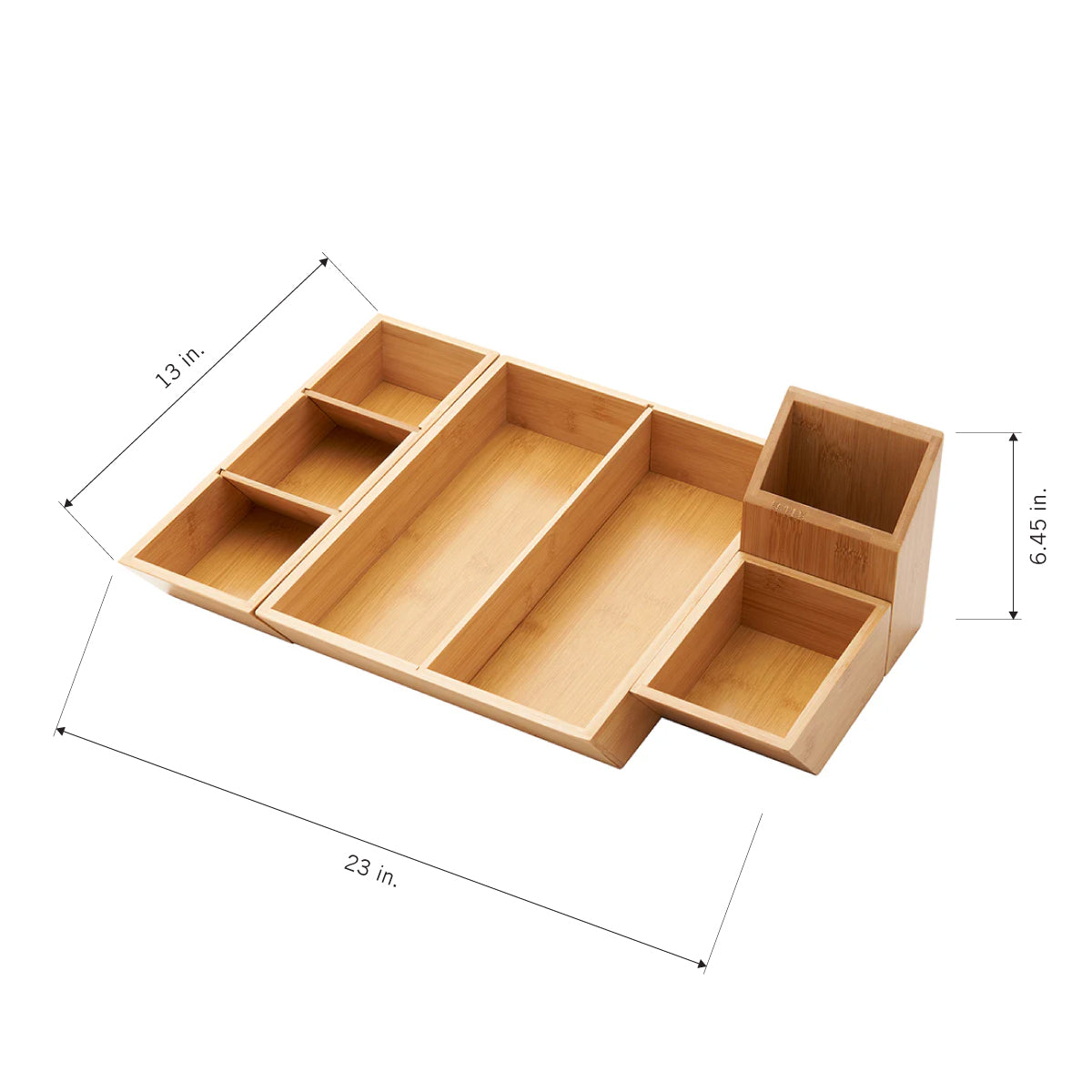 A bamboo desk organizer with several compartments. The organizer is labeled with its total dimensions: 23 inches in length, 13 inches in width, and 6.45 inches in height.