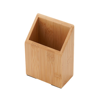 A wooden desk organizer made of light-colored bamboo. The rectangular container has a slanted top opening and is shown from a high-angle view on a white background.