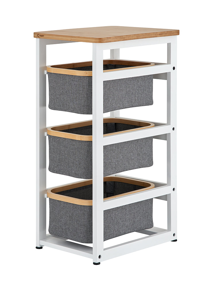 A three-tier white metal storage rack features a light wood tabletop and three removable gray fabric bins with matching wood trim. The minimalist organizer stands on small black feet and is designed for modern home or office use.