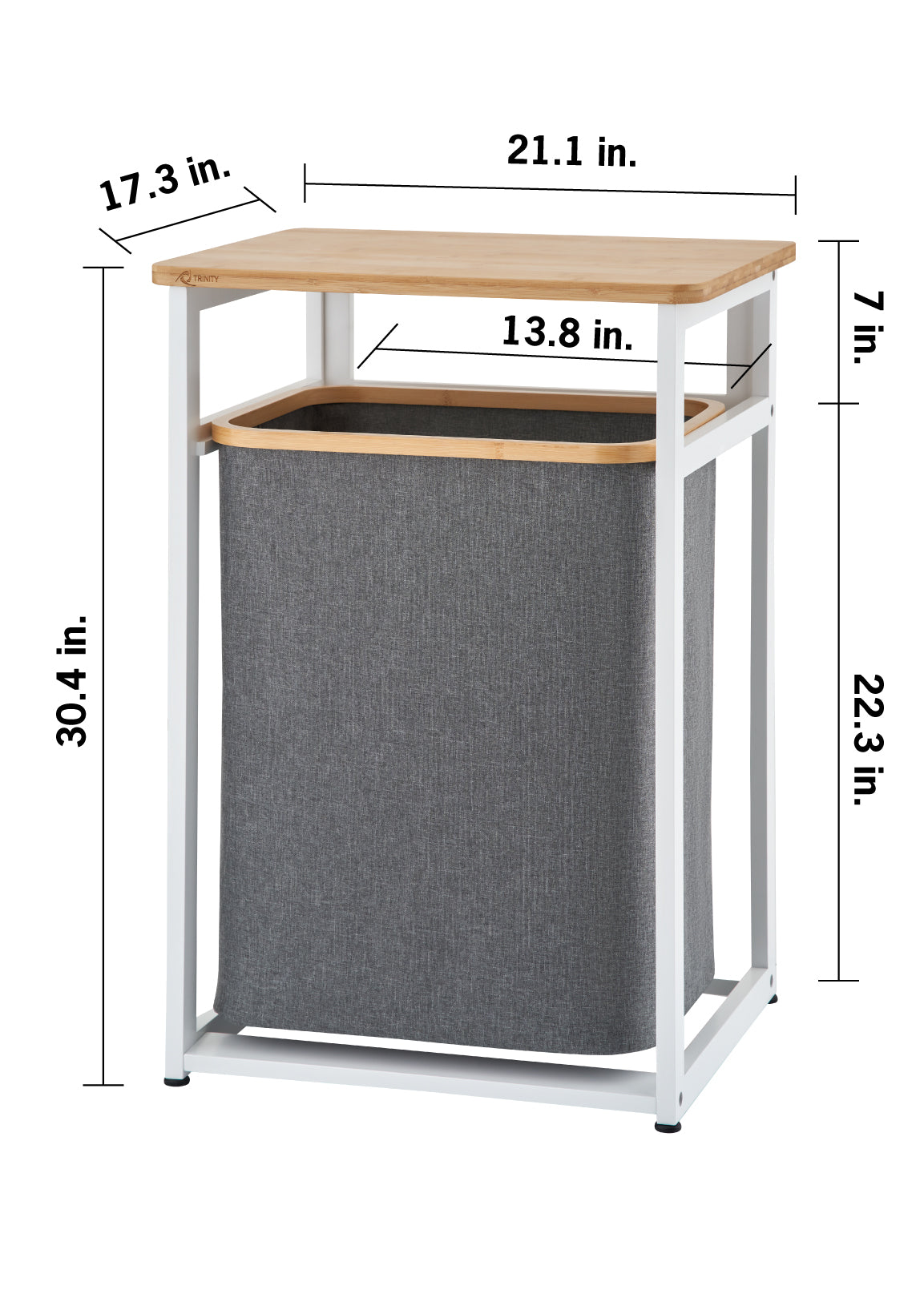A white metal hamper frame with a light wooden tabletop holds a dark gray fabric laundry bin inside. Dimension markings show overall outer measurements of 21.1 inches wide, 17.3 inches deep, and 30.4 inches total height, alongside secondary callouts detailing a 7-inch clearance above the hamper opening, a 13.8-inch inner width gap, and a 22.3-inch tall hamper section.