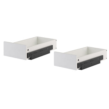 Two empty white pull-out drawer organizers with black metal sliding hardware are displayed side by side. The pair is shown angled forward against a seamless, solid white background.