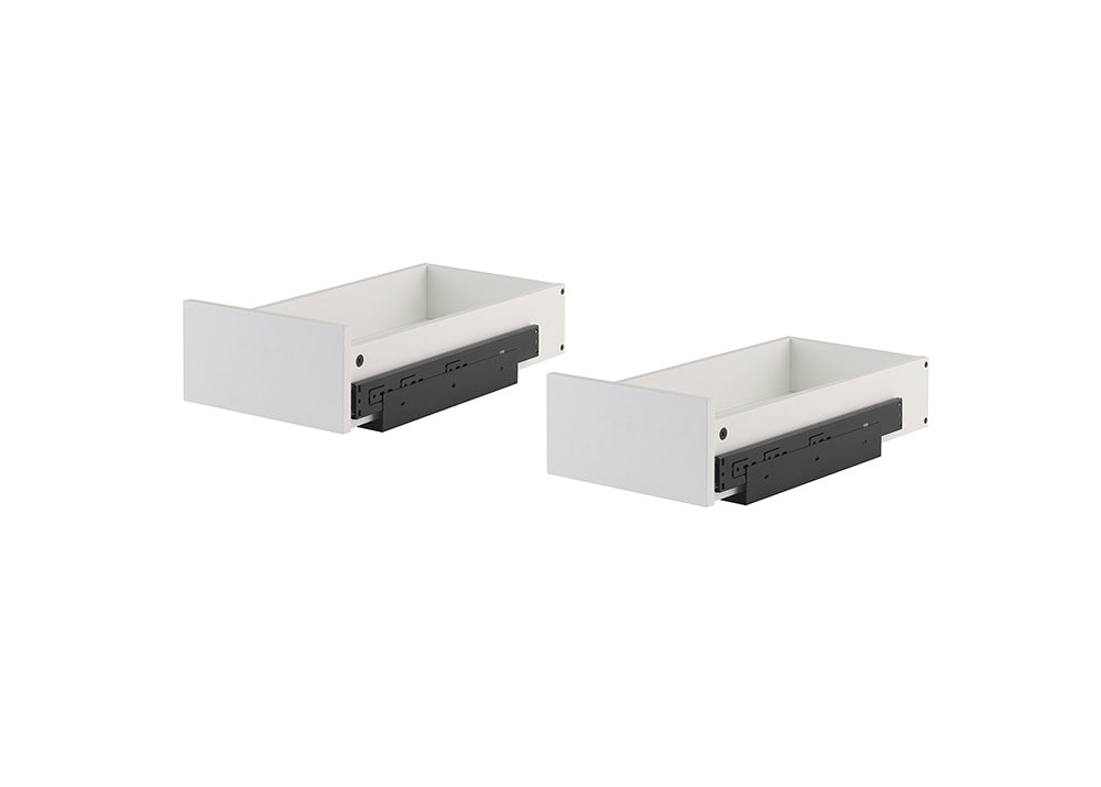 Two empty white pull-out drawer organizers with black metal sliding hardware are displayed side by side. The pair is shown angled forward against a seamless, solid white background.