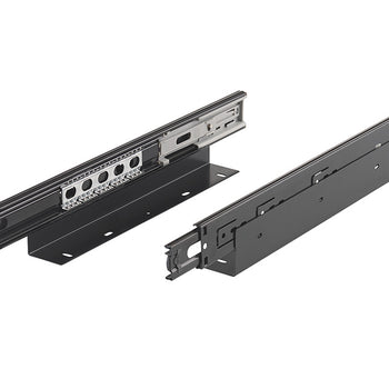 A pair of black metal drawer slide tracks with bottom-mounting L-brackets is displayed on a plain white background. The left slide reveals the inner mechanism with ball bearings and soft-close hardware, while the right slide shows the smooth outer side.